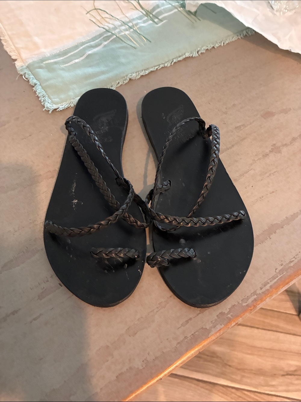 Ancient Greek Sandals Black Braided Toe-Loop Sandals